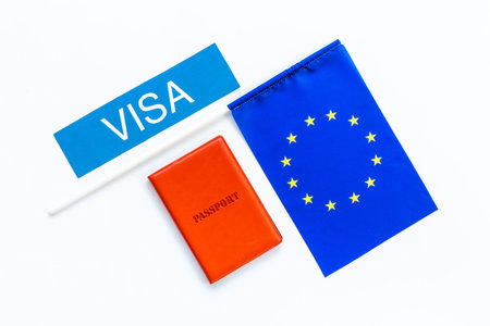 Flag of European Union with passport. Travel visa and citizenship conceptの写真素材
