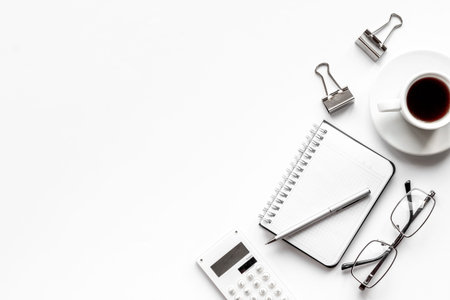 Monochrome design office work space. Home office desk with suppliesの写真素材