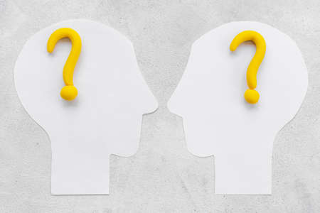 No doubt or solving problem. Question mark with paper human headの写真素材