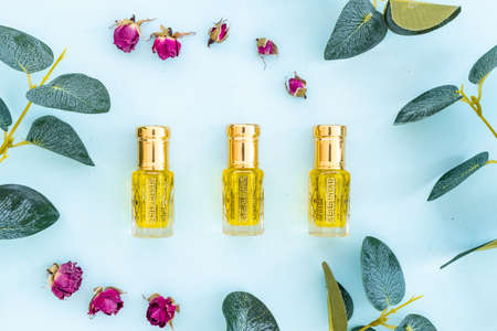 Perfume essential oil in glass bottles, top view. Traditional Arabian fragranceの写真素材