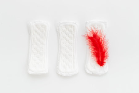 White panty liners with red feather. Menstruation period and daily hygiene