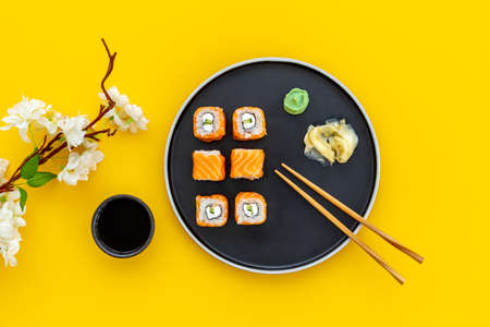 Sushi roll set with salmon and cream cheese on plate. Japanese foodの写真素材