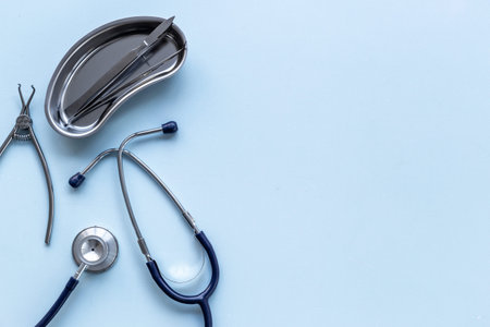 Dental or surgical instruments in steel tray at doctor deskの写真素材