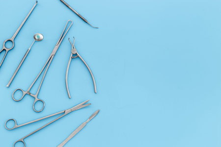 Medical steel equipment tools for surgery or dentistry. Healthcare background