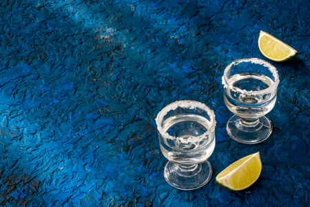 Tequila with lime and salt in glasses, top viewの写真素材