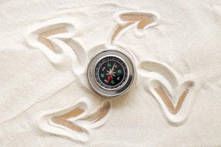 Compass in the sand. Business navigates recovery concept