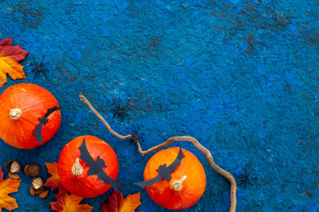 Orange pumpkins and dry leaves frame. Autumn fall backgroundの写真素材