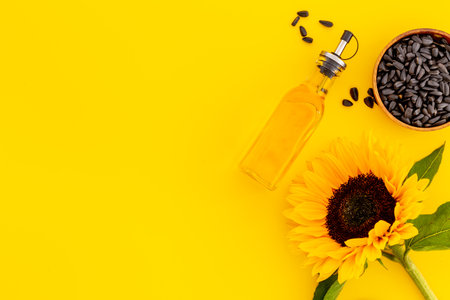 Sunflowers withcooking oil and black seeds. Harvest seasonの写真素材