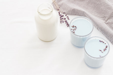 Blue matcha latte in glass with lavender. Cold drinkの写真素材