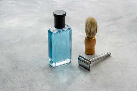 Perfume for men and shaving tools. Male accessories close upの写真素材