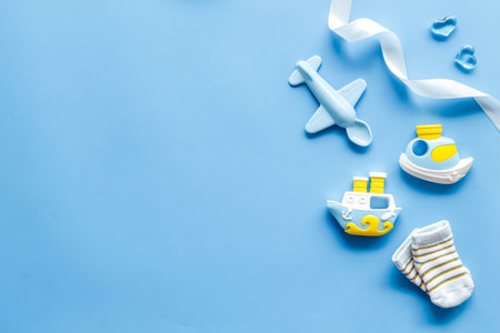 Blue theme it is a boy baby sower party accessories, top view.の写真素材