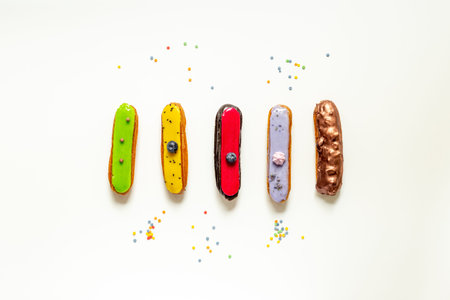 Pattern of various glazed eclairs cakes. Sweet food background.