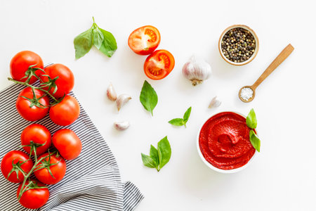 Homemade tomato passata for pasta with tomatoes and basil.の写真素材