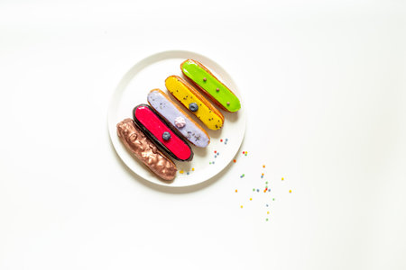 Set of eclairs cakes with different flavors. Sweet food background.の写真素材