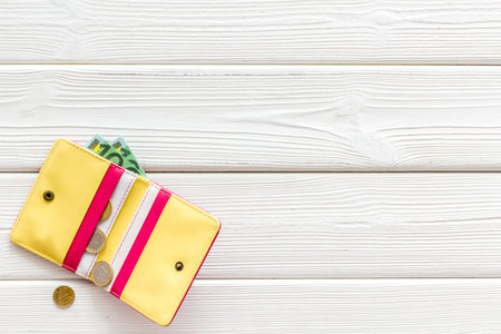 Pink female wallet with Euro banknotes. Counting money, economy concept.