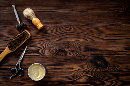 Flat lay with shaving accessories and cosmetic beauty products for menの写真素材