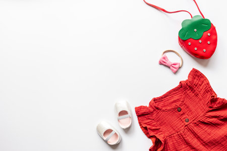 Fashion trendy look of baby girl with red dress and accessories.の写真素材
