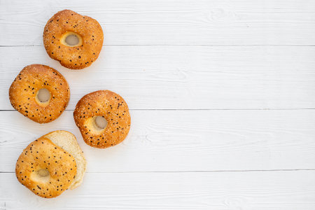 Set of fresh bread bagels, top view. Homemade baked bread.の写真素材