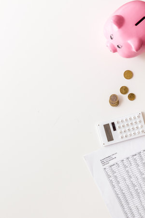 Budget and taxes calculations with piggy bank and coins. Money distribution concept.の写真素材