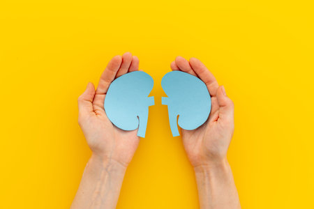 Paper kidneys organ model in human hands, top view.