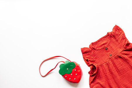 Kids wear flat lay. Dress with handbag for baby girl, top view.の写真素材