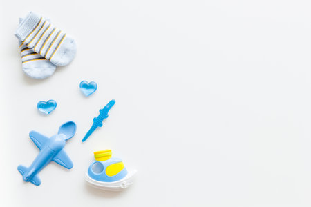 Blue theme it is a boy baby sower party accessories, top view.の写真素材