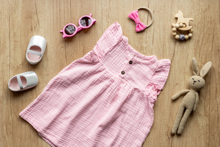 Fashion trendy look of baby girl with pink dress and accessories.の写真素材
