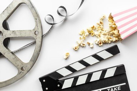 Vintage film reels and popcorn - cinema concept, top view.の写真素材