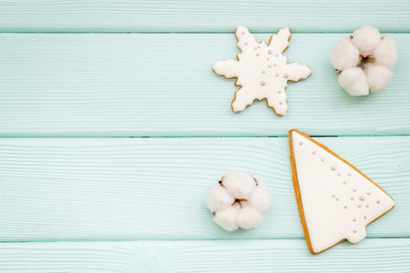 White Christmas gingerbread cookies. New Year background.の写真素材