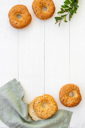 Set of fresh bread bagels, top view. Homemade baked bread.の写真素材