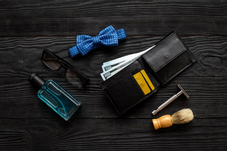 Men beauty concept with accessories and shaving tools with cosmetic beauty products.の写真素材