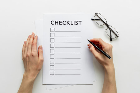 Checklist concept. Blank checklist with empty boxes on office table.の写真素材