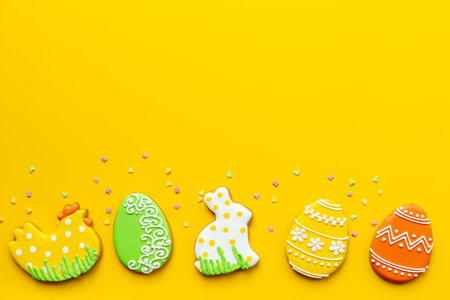 Happy Easter background with eggs and bunny cookies, top view.の写真素材