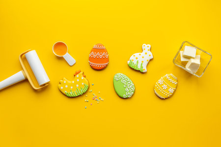 Baking holiday Easter cookies - eggs and bunny. Cooking background.