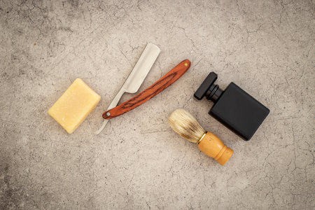 Male perfume with shaving brush and razor. Set of male accessories.の写真素材