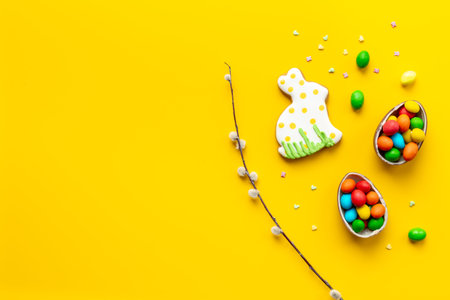 Easter eggs and bunny cookies with spring willow branch. Festive baking cooking flat lay.