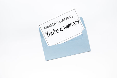 Lottery winner ticket or congratulatory letter on letter envelope. Winner concept