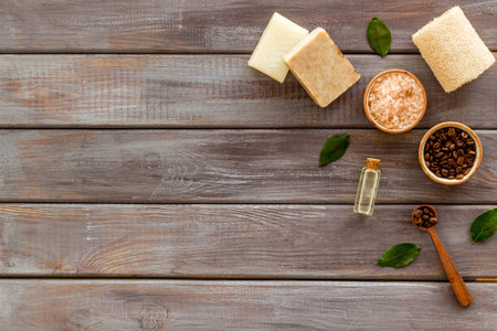 Handmade organic coffee face scrub and sea salt, top view.の写真素材