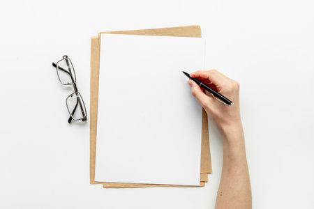 Blank flyer poster. Blank paper sheet to replace your design. Mock up, space for text. Top view.の写真素材