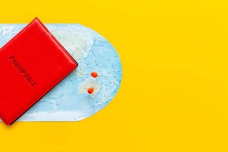 Passport on world map for traveling. Approved visa for vacation trip.の写真素材