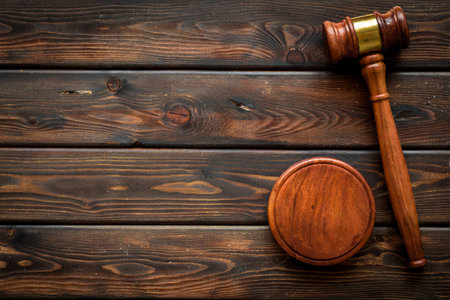 Wooden judge gavel top view. Law and justice concept.の写真素材