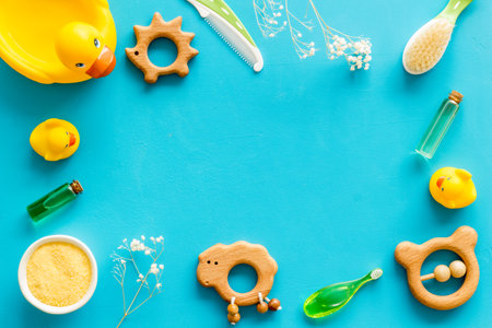 Baby bath accessories and cosmetic products, top view.の写真素材