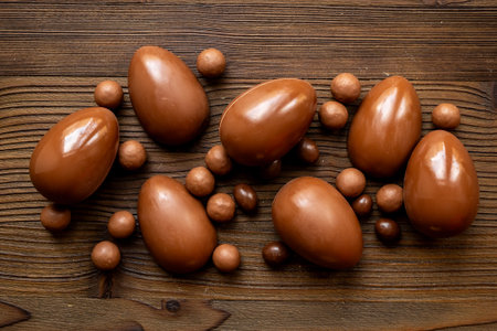 Chocolates background with chocolate eggs and sweets, top view.の写真素材