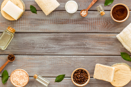 Frame of organic spa body care cosmetic with coffee soap and scrub.の写真素材