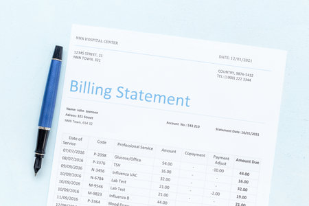 Payment for medical services. Medical health care billing statement in hospital, top view.