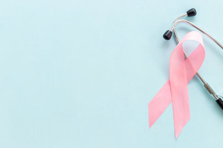 Pink ribbon symbol of breast cancer awareness concept.の写真素材