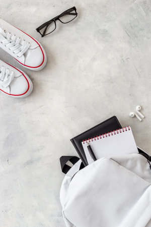 Top view of white backpack with men accessories, flatlay.の写真素材