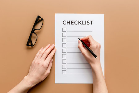 Checklist concept. Blank checklist with empty boxes on office table.