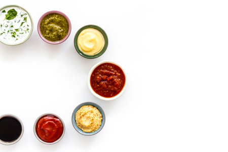 Set of sauces in bowls - pesto salsa mustard and others. Food background.の写真素材