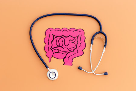 Human organ intestines model and stethoscope, top view. Human health and medical concept.